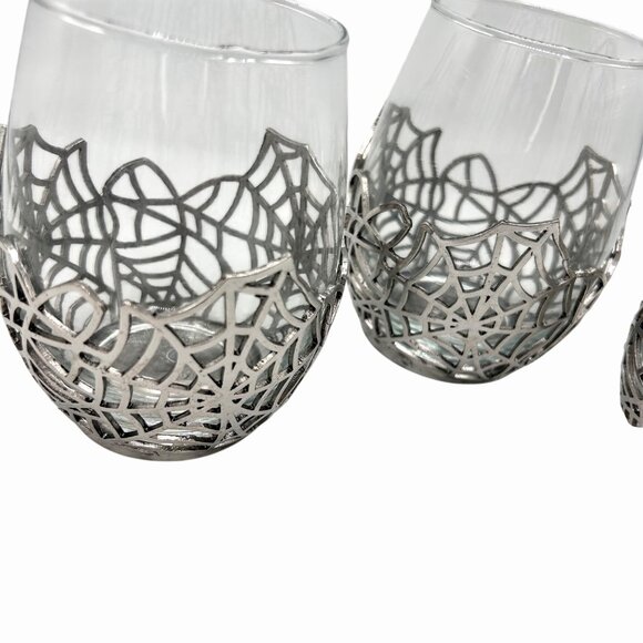 NWT SET OF 3 LARGE SILVER METAL SPIDERWEB STEMLESS WINE WATER GLASSES HALLOWEEN - Picture 3 of 7